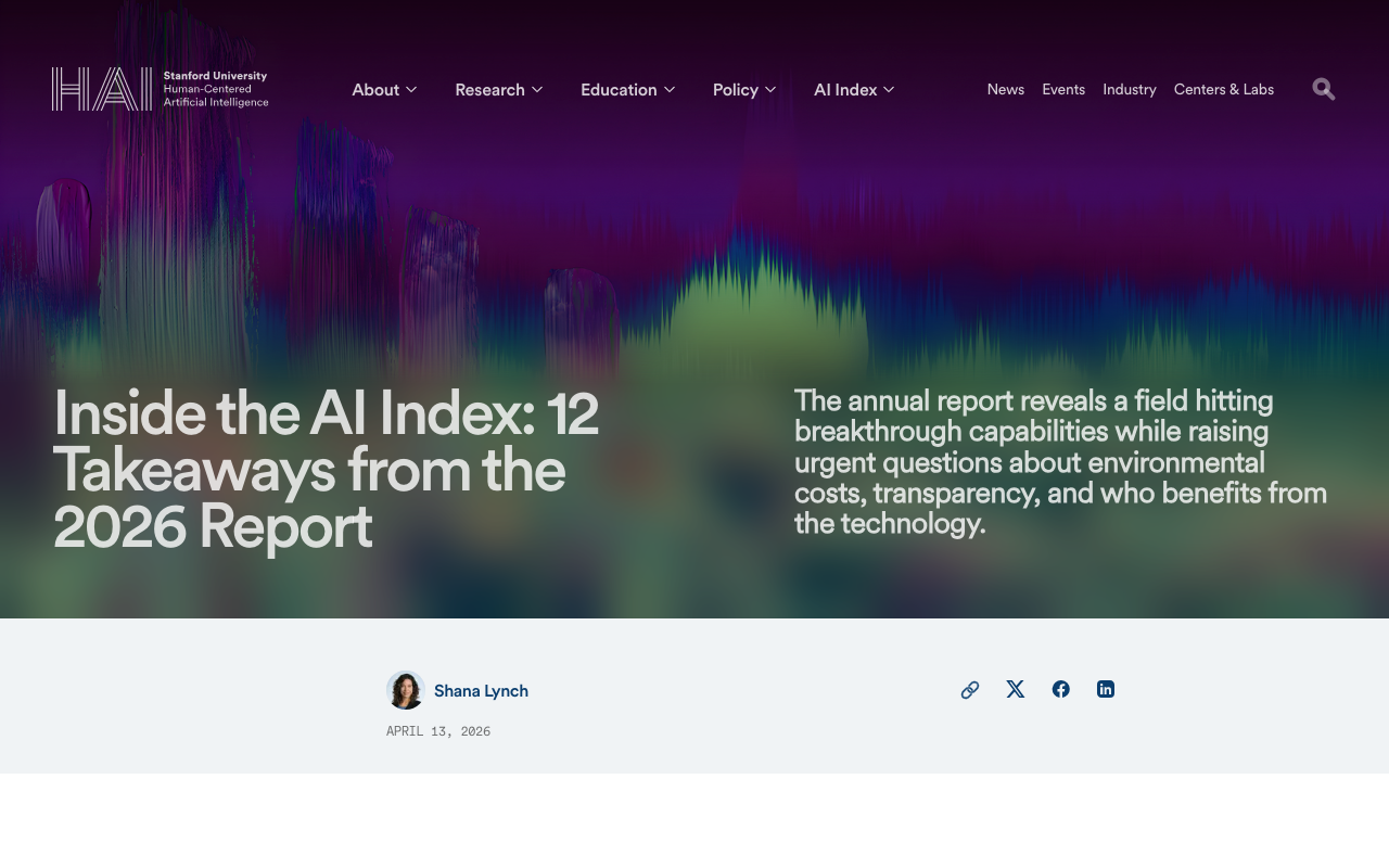 Stanford HAI「Inside the AI Index: 12 Takeaways from the 2026 Report」