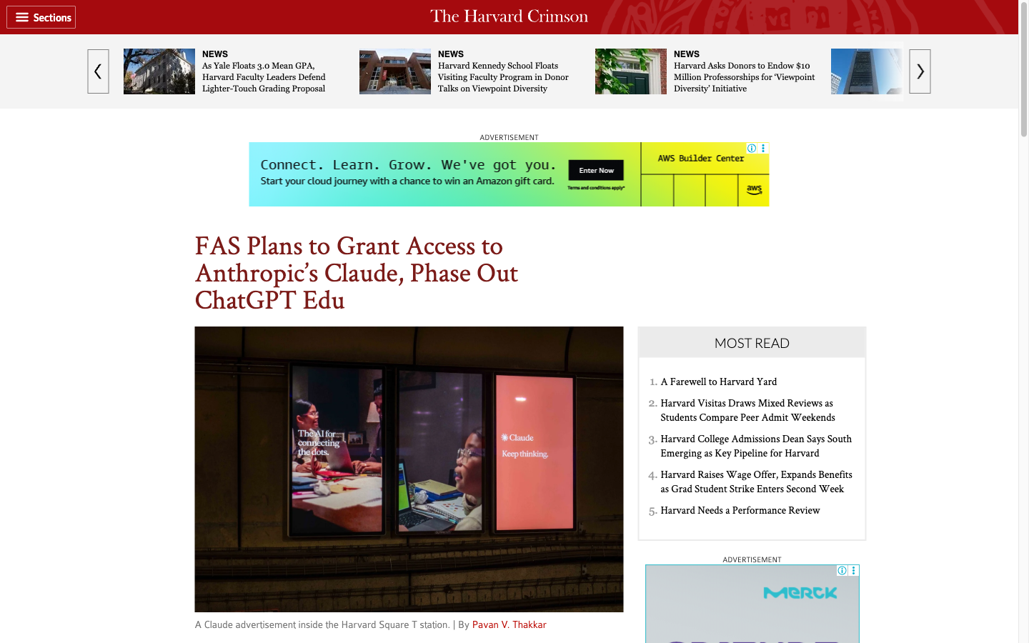 The Harvard Crimson: FAS Plans to Grant Access to Anthropic's Claude, Phase Out ChatGPT Edu
