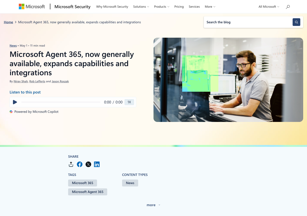 Microsoft Security Blog「Microsoft Agent 365, now generally available, expands capabilities and integrations」のヘッダー画像