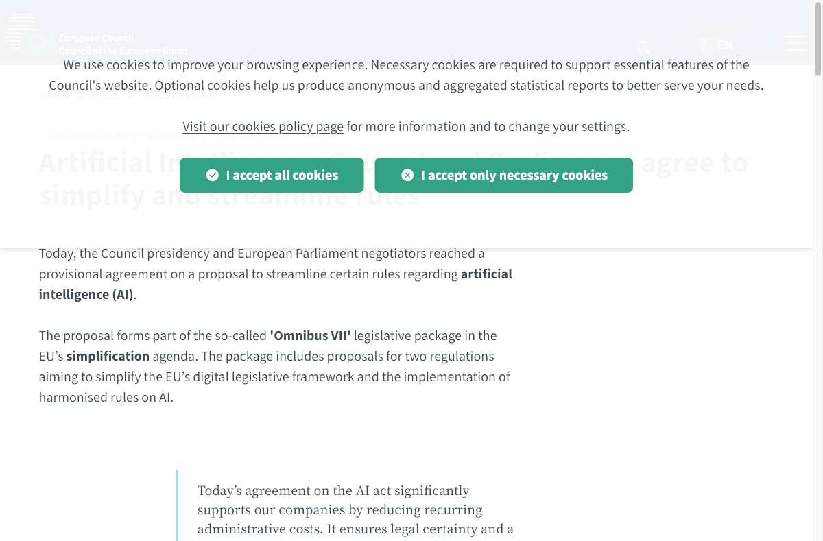 Artificial Intelligence: Council and Parliament agree to simplify and streamline rules — Consilium